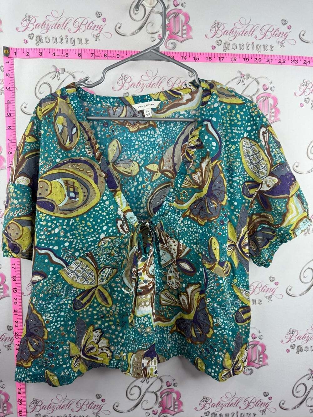 Banana Republic tshirt top tie up tropical ocean Teal Floral Tie-Front Blouse